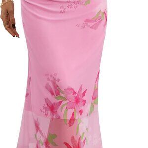 Women's Summer Floral Mesh Midi Skirt 2025 Casual Trendy High Waist Ruched Boho